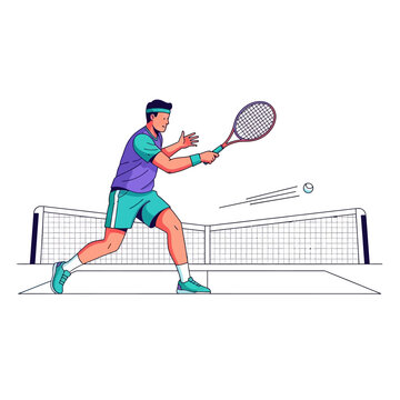 Male tennis player hitting forehand shot on court with net, active lifestyle illustration
