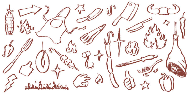 Rustic collection of meat and butchery elements like sausages, knives, and flames. Perfect for creating unique BBQ festival posters, gourmet food labels, or artisan kitchen decor designs.