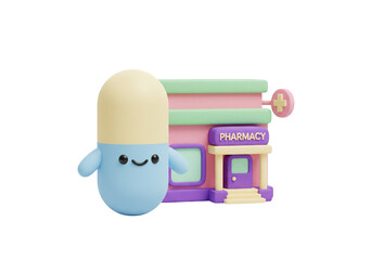 Fototapeta premium Cute Pill Character Stands Next to a Colorful Cartoon Pharmacy Building