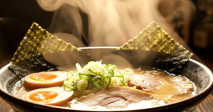 Steaming bowl of ramen noodles served.