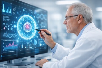 Fototapeta premium Scientific Scrutiny: A dedicated scientist delves into the intricacies of cutting-edge technology, using a stylus to examine complex data visualizations on a high-definition monitor.