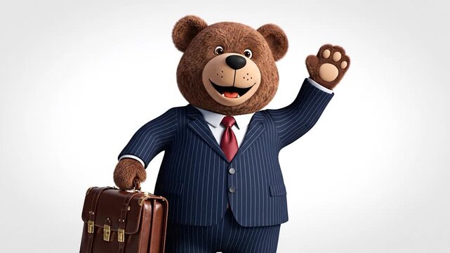 Friendly cartoon bear in a suit waves hello holding a briefcase