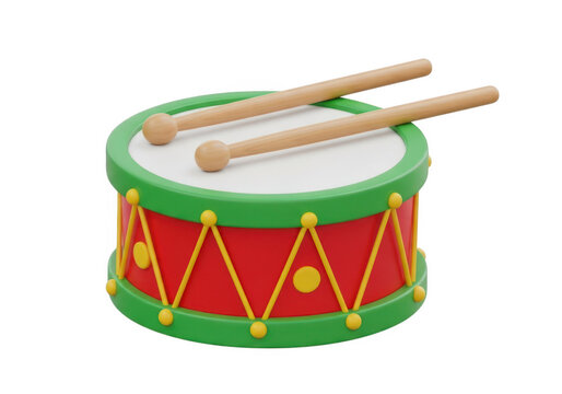 A red and green toy drum with two wooden drumsticks on top