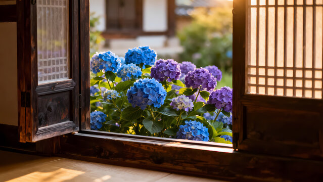 View from inside a Hanok looking out through an open traditional window at blooming blue hydrangeas