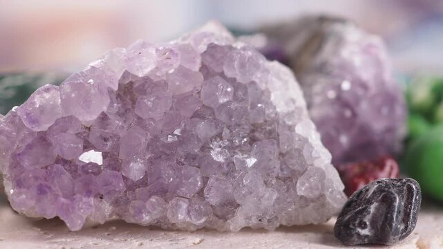 Close-up shot of amethyst geode with smaller colorful polished stones