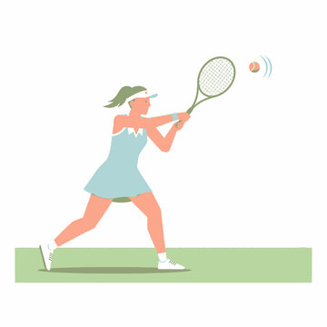 Woman playing tennis, hitting ball with racket, athletic sports lifestyle, outdoor activity