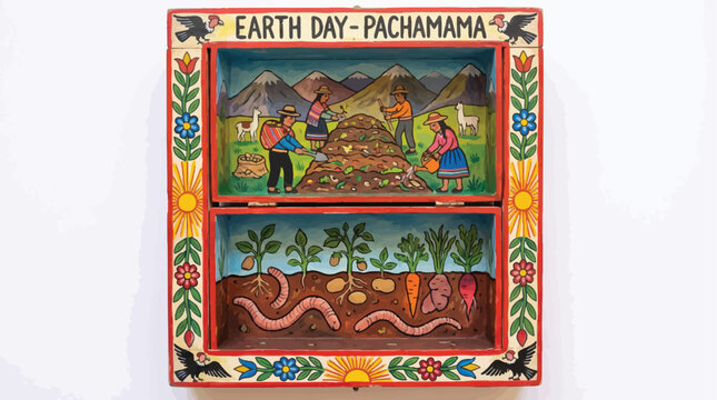 Traditional Peruvian retablo folk art for Earth Day Pachamama, Andean farmers harvesting crops in a colorful shadow box, indigenous culture vector