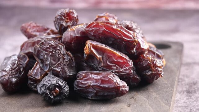 Macro view of fresh organic dates fruit pile on wooden board with slow panning motion for culinary presentation