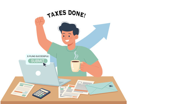 Tax Day Success Illustration &ndash; Happy Man Filing Taxes Online with Laptop and Coffee, E-Filing Submission Approved