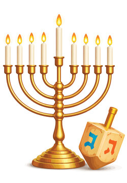 076-03-Golden menorah with lit candles and a wooden dreidel for hanukkah celebration