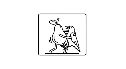 Fototapeta premium Charming monochrome cartoon depicting an animated fruit and a feathered friend enjoying a joyful