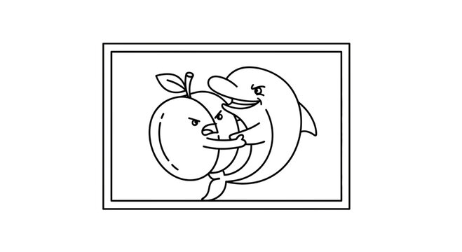 Whimsical line art illustration of a smiling dolphin affectionately embracing a grumpy apple