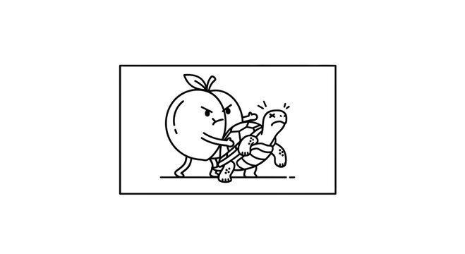 An angry fruit character pushes a stunned turtle forward illustrating a humorous struggle