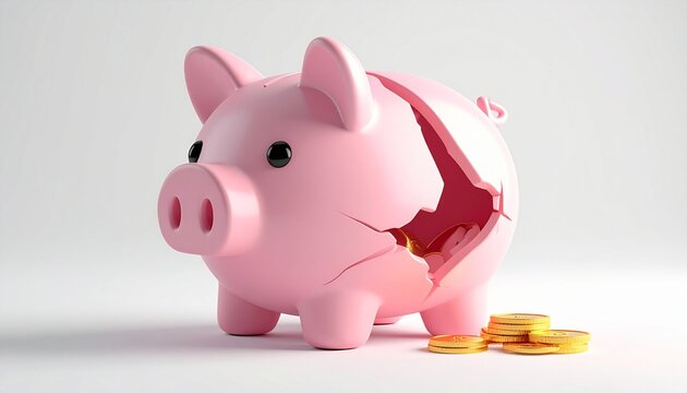 3D Cracked Piggy Bank with Coins Falling Out Finance Loss Concept
