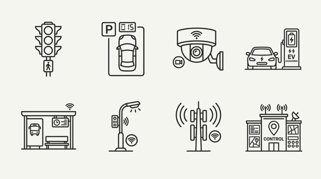 Smart city icons: traffic light, parking, camera, charging, bus stop, lamp, WiFi, control center.