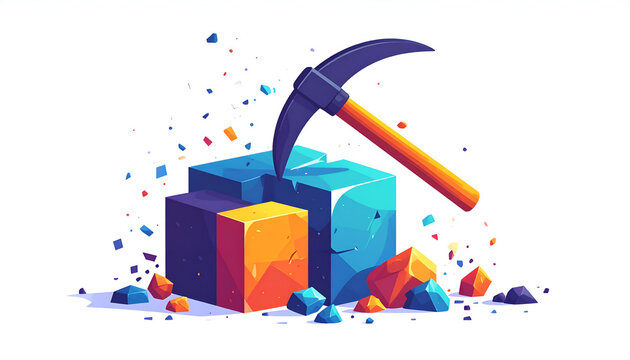 Mining cubes with a pickaxe fragmented geometric cartoon illustration with colorful blocks