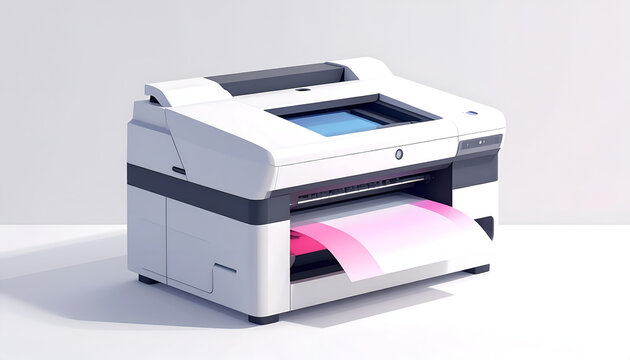 Modern white printer with pink paper output isolated against a studio background