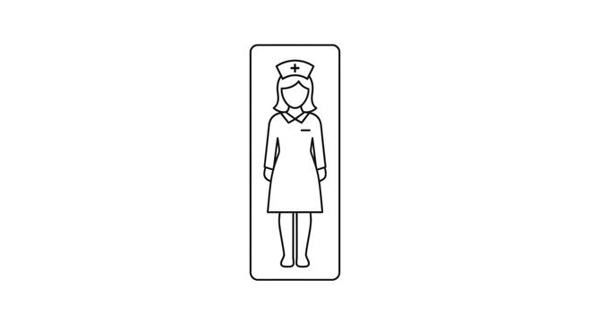 Simple black and white vector depiction of a female nurse wearing traditional uniform and cap