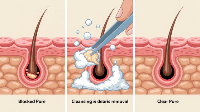 A graphic showing the process of cleaning pores