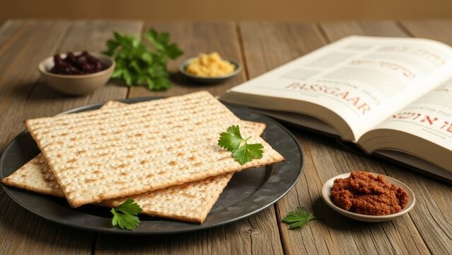 Passover Seder plate with matzah, horseradish, charoset and parsley on wooden table