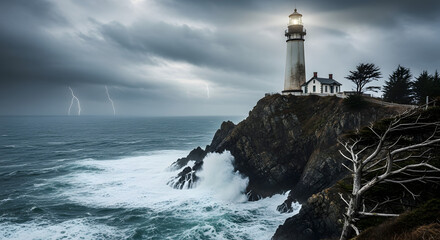 Obraz premium Lighthouse standing tall against stormy seas.