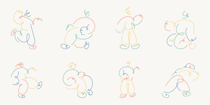 Flat style illustration set of colorful one line drawing human characters in various poses and actions, representing human doodle art collection for creative and playful design concept.