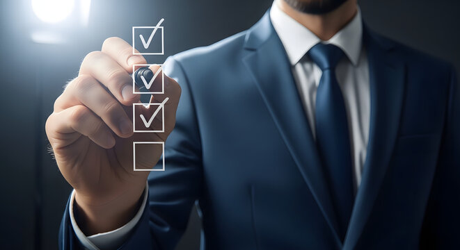 A businessman's hand checks off virtual boxes on a holographic checklist, completing tasks.