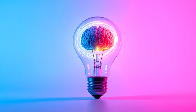 A glowing bulb with a stylized brain inside, radiating pink-orange light against blue, symbolizing creativity and intelligence.