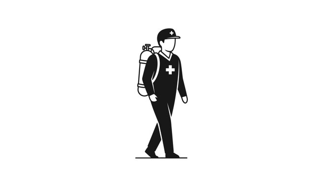 Emergency medical professional in uniform carrying life-saving oxygen equipment icon