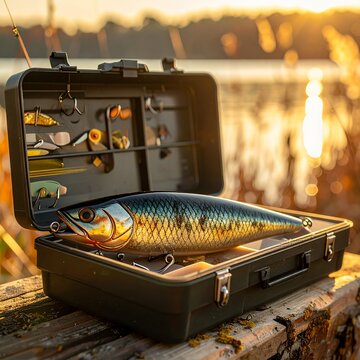 Fishing Lure Kit with Large Bait Fish on Wooden Surface at Sunset.