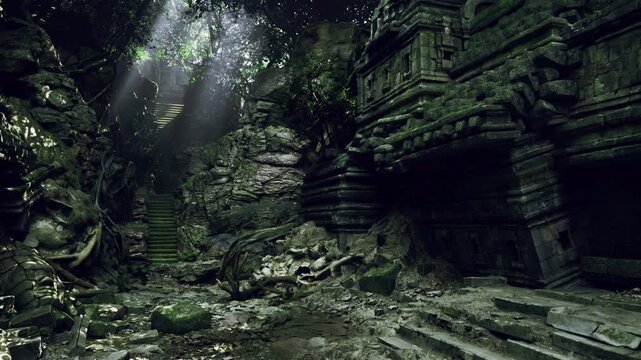 Sunlight filters through the dense canopy, illuminating the ruins of an ancient temple. Ivy and roots entwine the stone structures, adding to the enchanting atmosphere of this forgotten site.