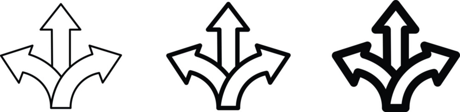 Three-way split arrow icons in various line weights, decision making direction symbols, black and white vector set for navigation and choice