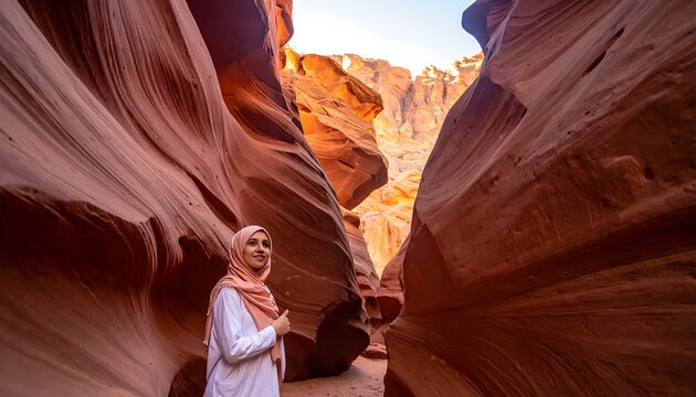 A woman in a white outfit and pink headscarf stands between sandstone formations
