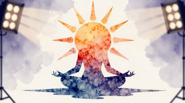 Silhouette of person meditating in lotus position with sun shape behind head and studio spotlights creating artistic watercolor wash effect on textured paper background