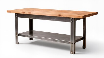 Fototapeta premium Heavy duty industrial workbench with solid wood top and metal frame isolated on white background