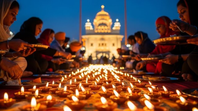 Sikh people in traditional attire dining outdoors amidst diyas with a illuminated gurdwara at dusk.