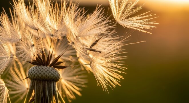 Dandelion Seeds Blowing in Windy Field.