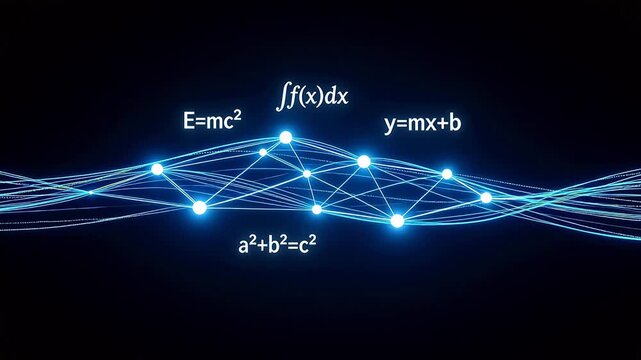 Glowing neural network visualization with iconic physics and math equations (E=mc&sup2;, Pythagorean theorem, integral, linear function) on dark background &mdash; AI, science, and technology concept