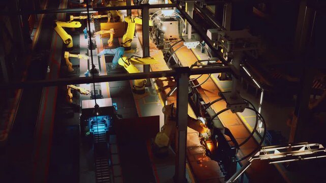 Robotics operate efficiently in a manufacturing facility during nighttime. Automated systems perform tasks with precision, highlighting advanced engineering and innovative technology in action.