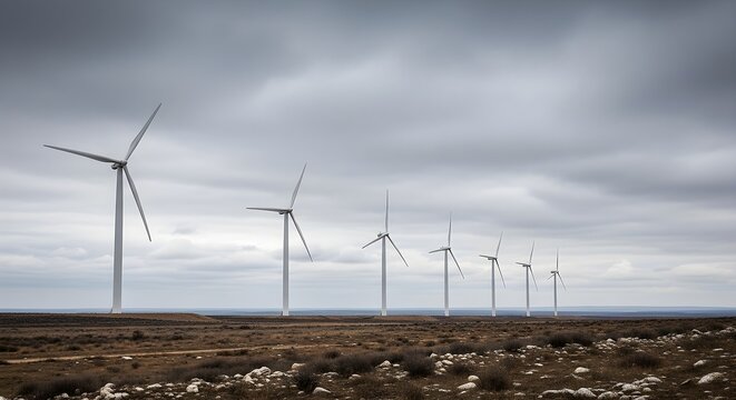 A line of towering wind turbines generating renewable energy against a vast, cloudy sky