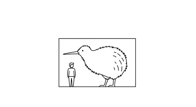 A large flightless bird stands next to a small human figure in a minimalist outline illustration
