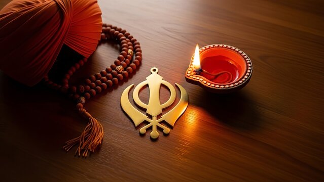 Sikh turban, mala beads, and Khanda symbol with lit Diya on wooden table