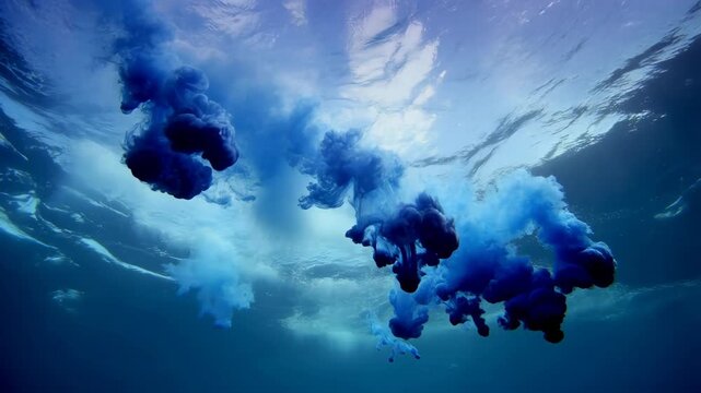 Ink streams multiple interact with ocean water underwater in blue hues featuring mixing, flowing, rippling with wavy and aquatic elements for liquid,