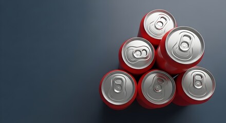 Neatly Stacked Red Soda Cans Arranged in a Pyramid Shape Captured from an Overhead Perspective
