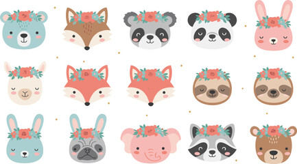 Fototapeta premium Cute animal faces vector illustration with floral crowns featuring bear, fox, panda, rabbit, llama, and more