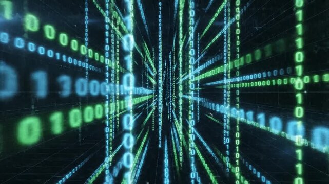 Luminous stream of cascading binary digits flowing through a dark digital abyss representing fast data transmission and sophisticated cyber technology in a seamless 4K loop background.