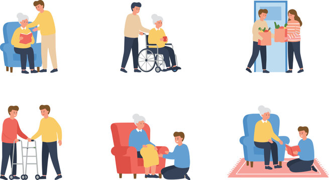 Elderly caregiving vector illustration set with support, wheelchair, walker, groceries, reading, and daily assistance