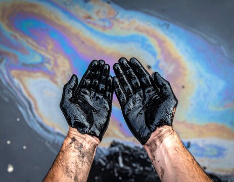 Hands are soaked in crude oil against the background of spilled petroleum products. The crisis of the oil industry.