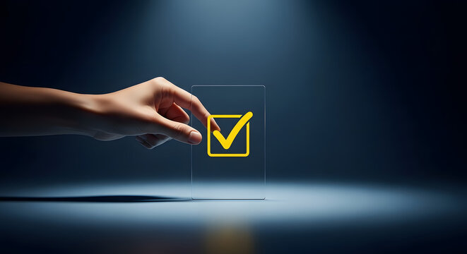 A human hand is tapping a glowing digital checkmark box on a virtual screen.