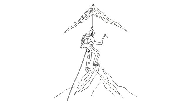 Determined mountain climber ascending a rugged peak, equipped with ice axe and rope